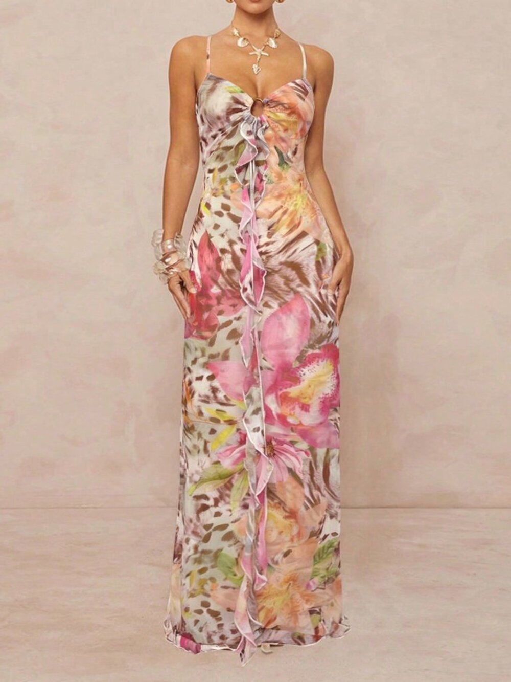 Multicolor Boho Women's Leopard Print Floral Sleeveless Ruffle Waist Maxi Dress